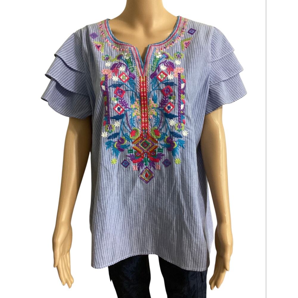 Caleoas Embroidered Pinstripe Boho Blouse Flutter Ruffle Sleeve V-Neck Tunic L